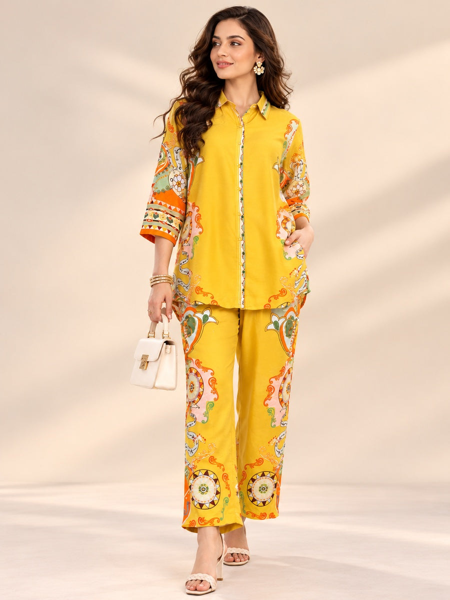 Yellow Silk Co-Ord Set with Floral Print