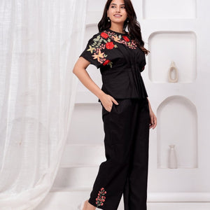 Black Embroidered Cotton Co-Ord Set