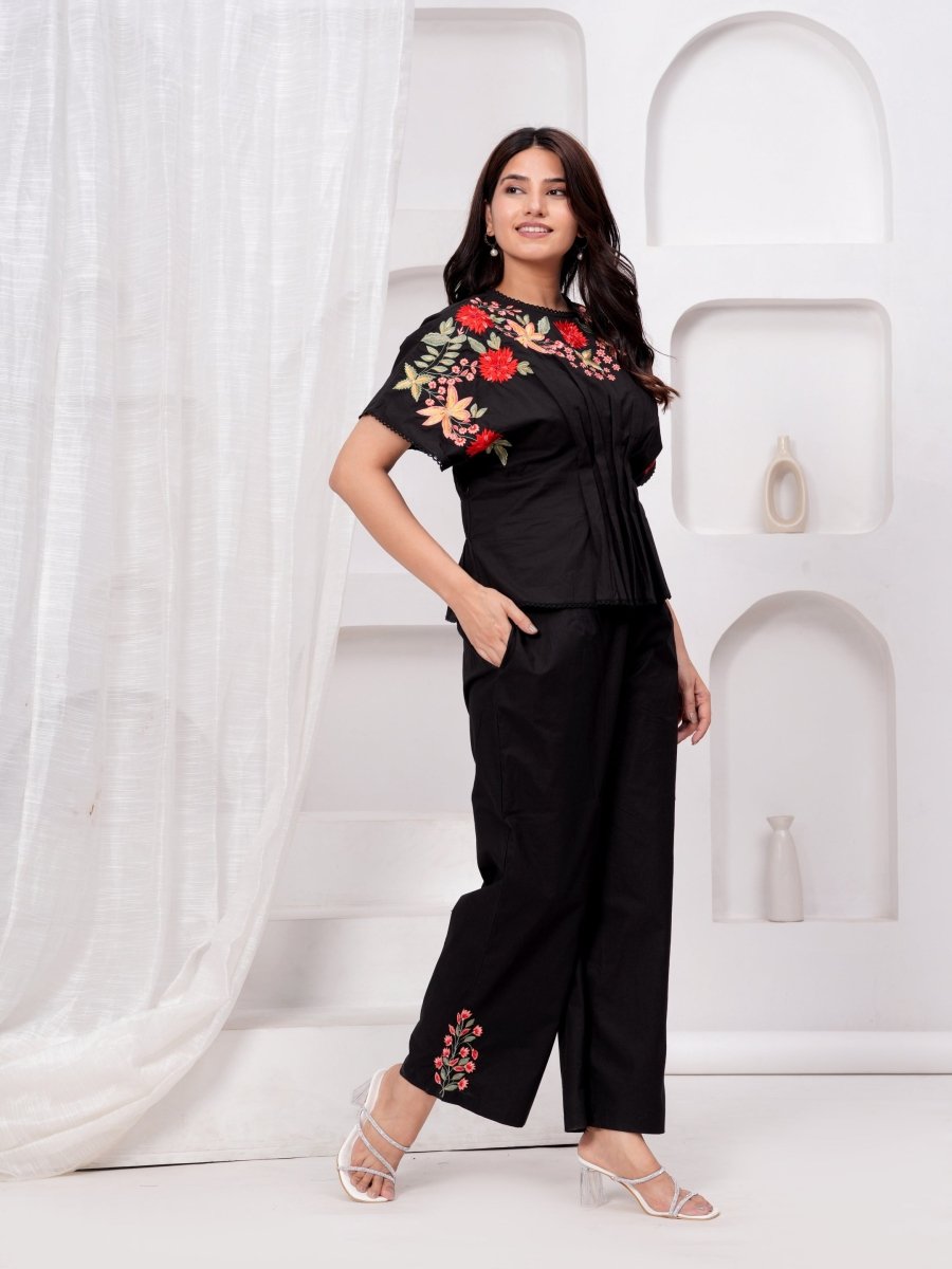 Black Embroidered Cotton Co-Ord Set