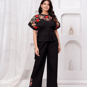 Black Embroidered Cotton Co-Ord Set