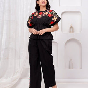 Black Embroidered Cotton Co-Ord Set