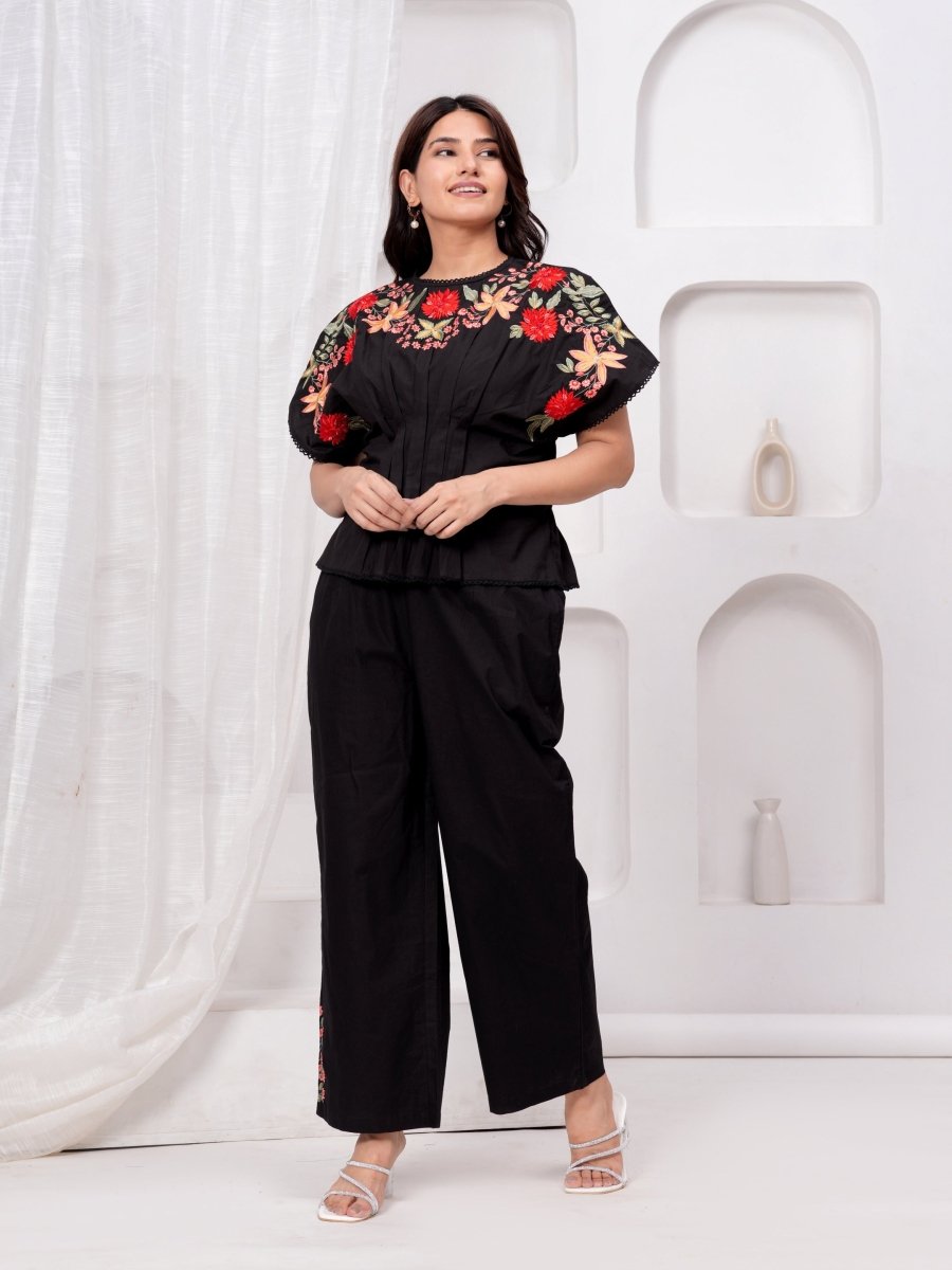 Embroidered Co-Ord Set for Women Online in India – Black Cotton Style by Natica