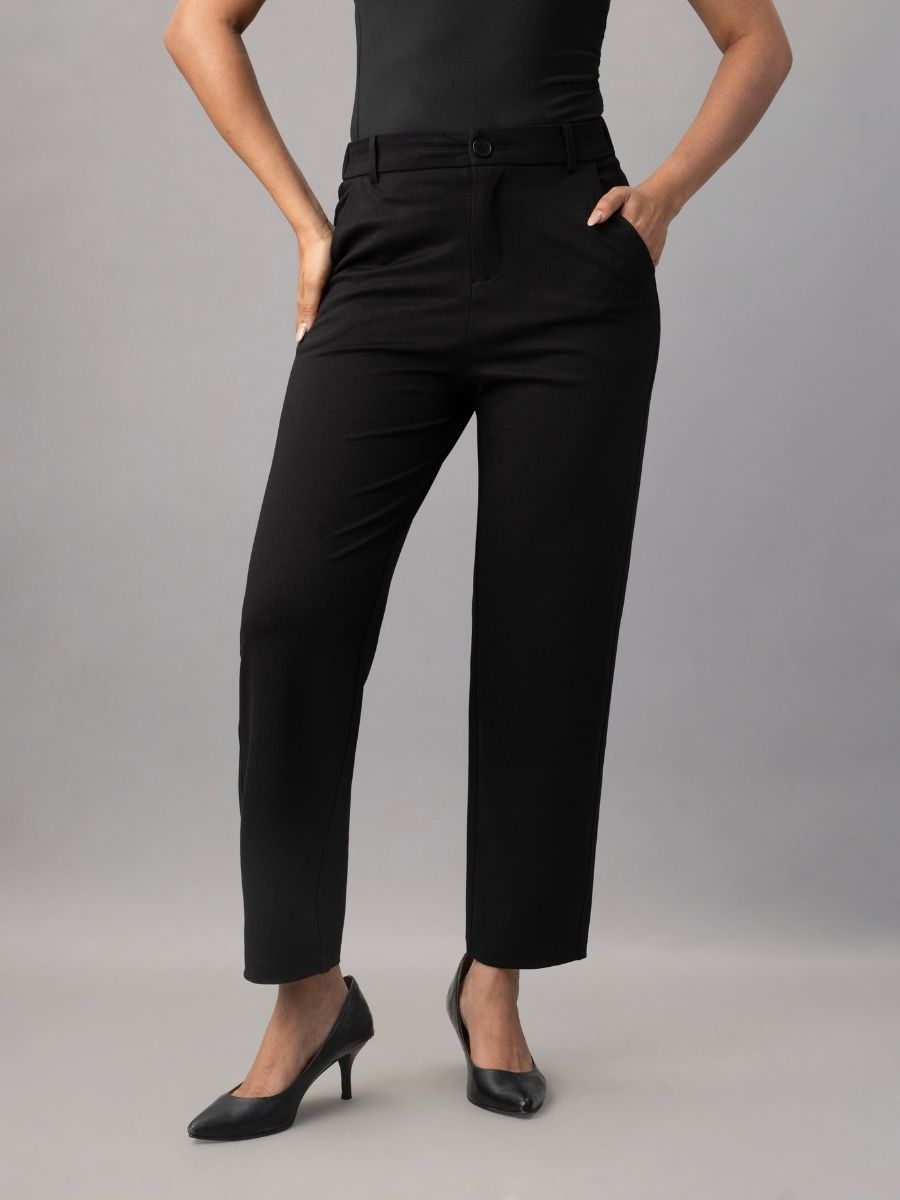 Black Tapered Slim Fit Trousers for Women Online – Natica