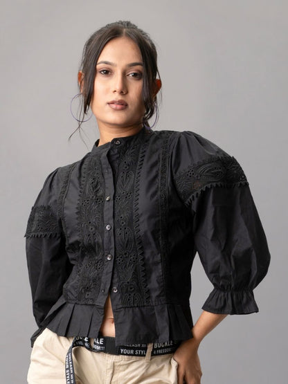Black Victorian Lace Puff Sleeve Blouse