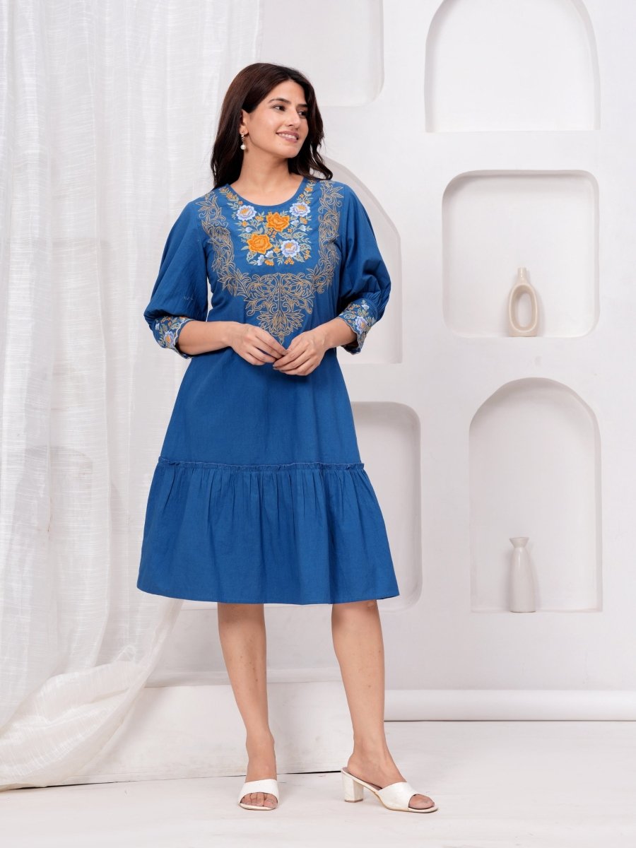Natica blue hand embroidered cotton dress – Buy embroidered dresses for women online