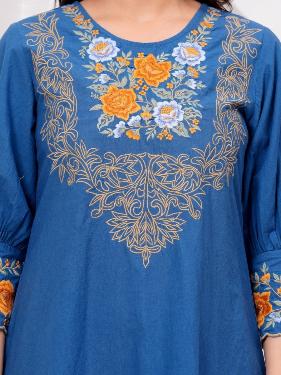 Natica blue embroidered cotton casual dress – Buy casual cotton dress for women online
