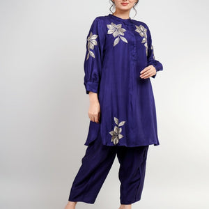Blue Silk Co-Ord Set with Handcrafted Zari Design