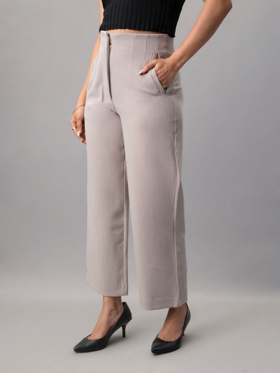 Buy Stylish Beige Relaxed High Waist Trousers Online in India