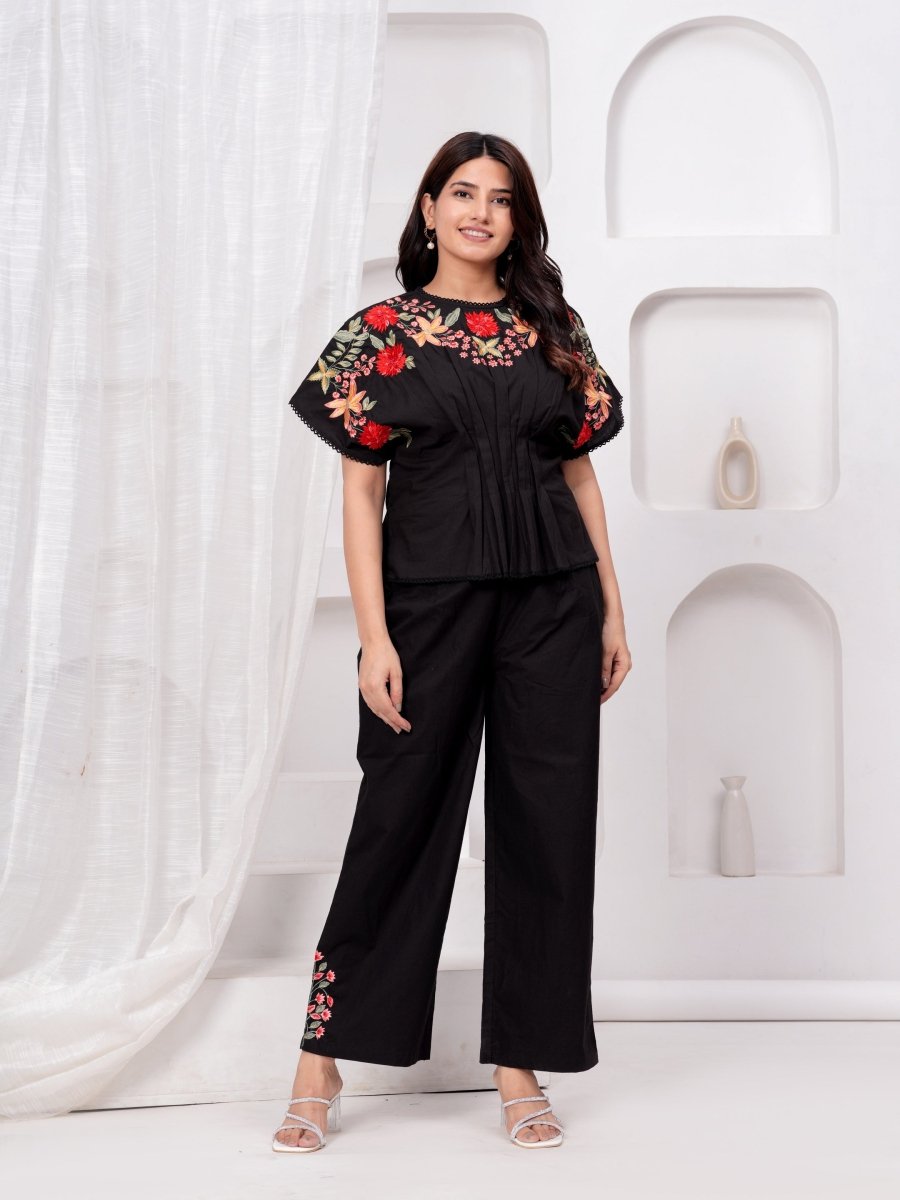 Buy Stylish Co-ord Sets for Women Online in India – Black Embroidered Cotton by Natica