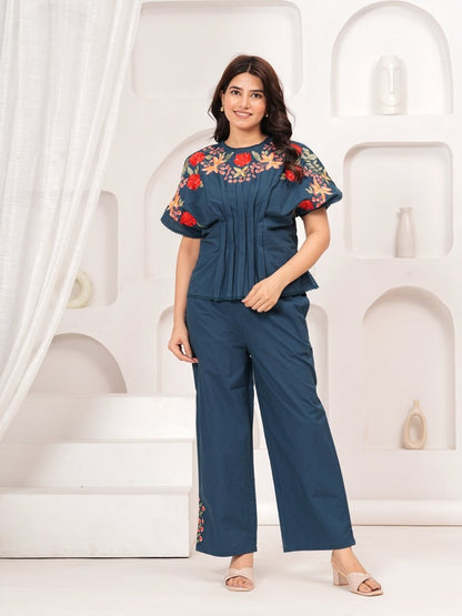Buy Stylish Co-ord Sets for Women Online in India – Blue Embroidered Cotton by Natica