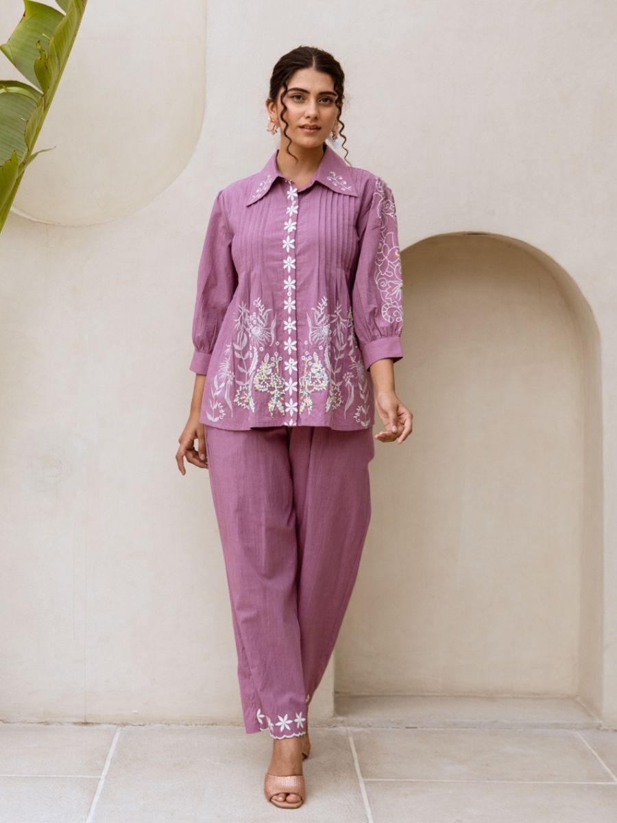 Buy Stylish Co-ord Sets for Women Online in India – Purple Cotton Embroidered by Natica