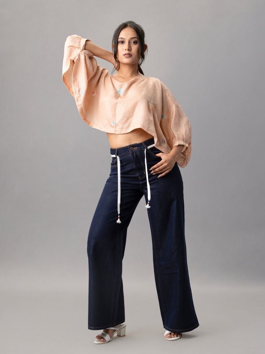 Navy Blue Wide Leg Denim Pants