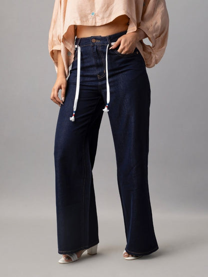 Navy Blue Wide Leg Denim Pants