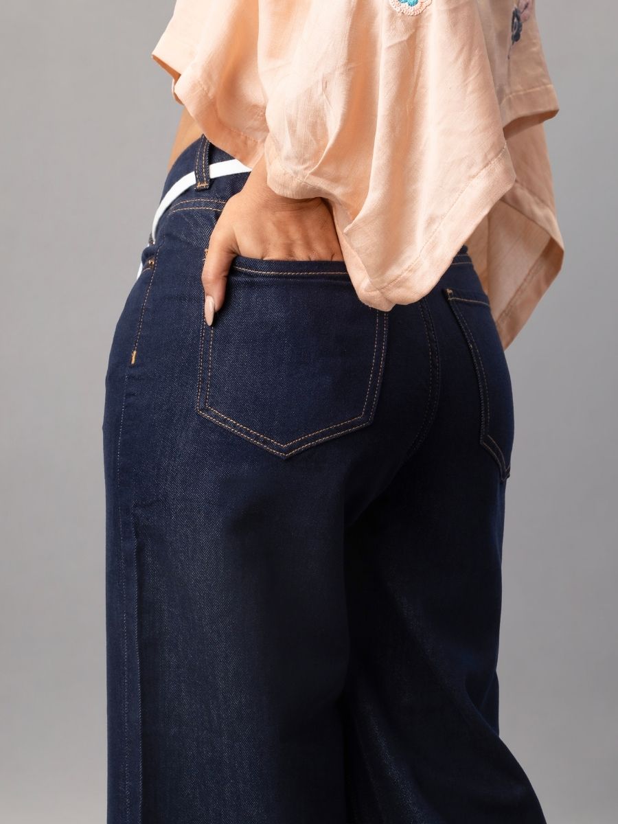 Navy Blue Wide Leg Denim Pants
