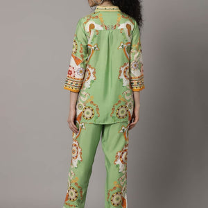 Elegant Green Silk Co-Ord Set with Floral Print