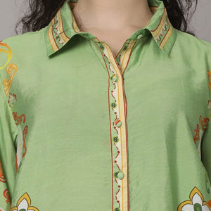 Elegant Green Silk Co-Ord Set with Floral Print