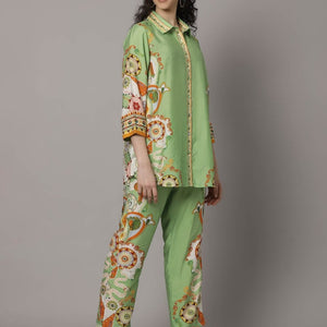 Elegant Green Silk Co-Ord Set with Floral Print
