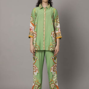 Elegant Green Silk Co-Ord Set with Floral Print