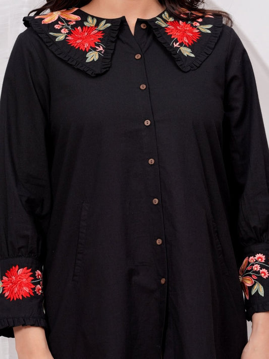 Embroidered Black Collar Dress