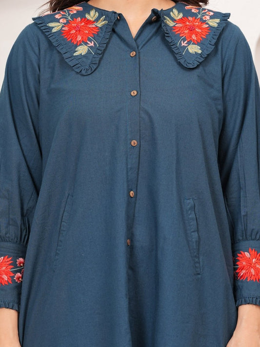 Embroidered Blue Collar Dress