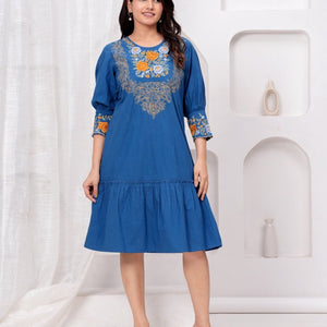Embroidered Blue Cotton Dress