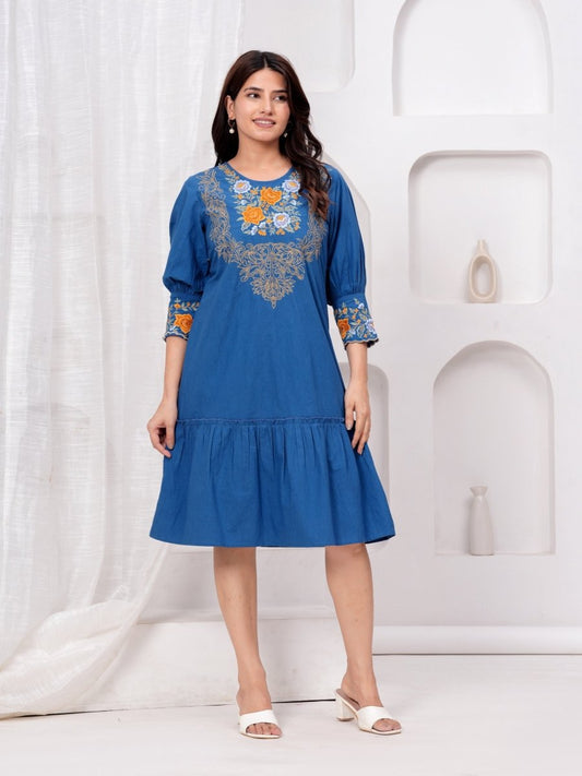 Embroidered Blue Cotton Dress