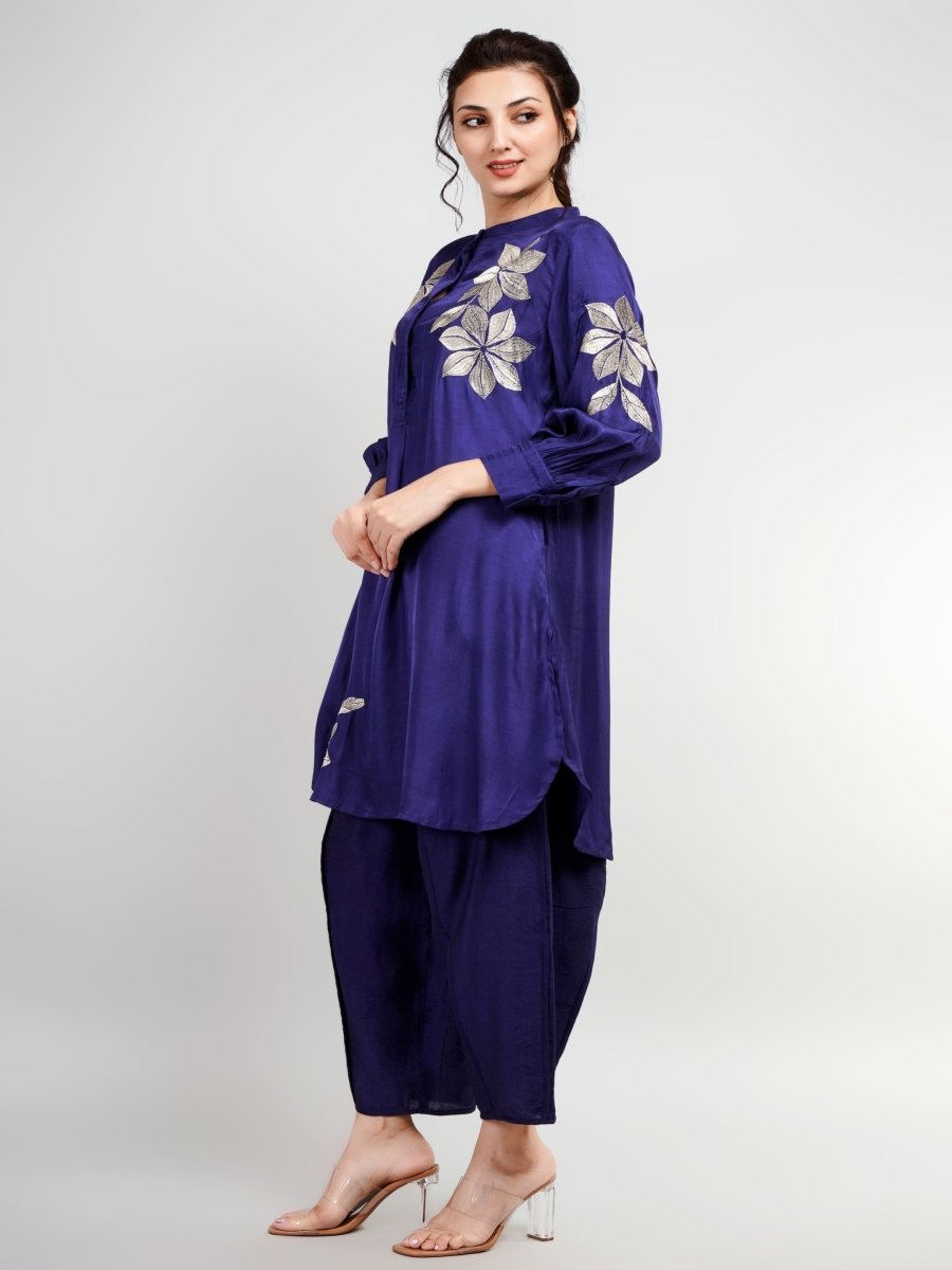 Embroidered Co-Ord Set for Women Online in India – Blue Silk Zari Work by Natica