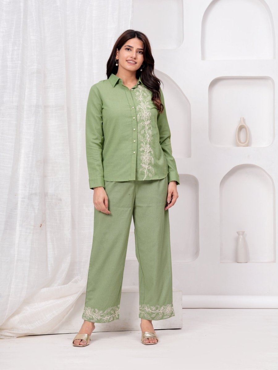 Embroidered Green Cotton Co-Ord Set