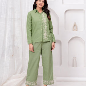Embroidered Green Cotton Co-Ord Set