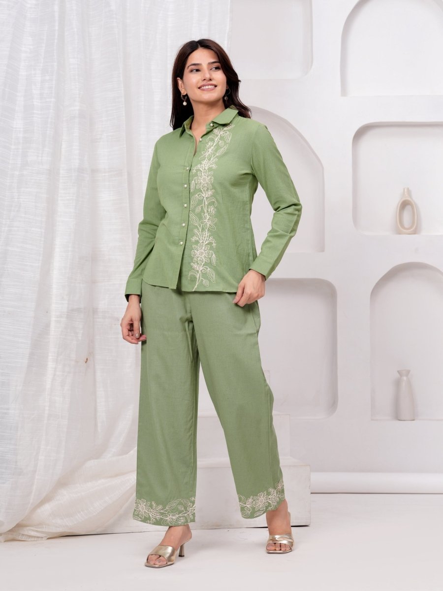 Embroidered Green Cotton Co-Ord Set