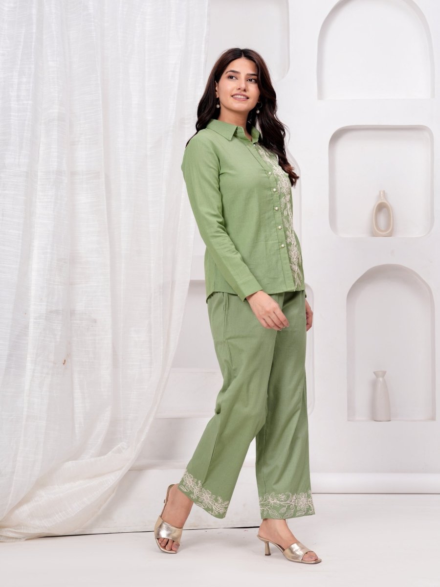 Embroidered Green Cotton Co-Ord Set
