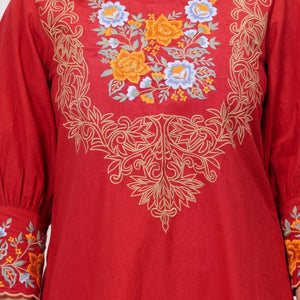 Embroidered Maroon Cotton Dress