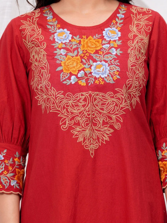 Embroidered Maroon Cotton Dress