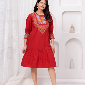 Embroidered Maroon Cotton Dress