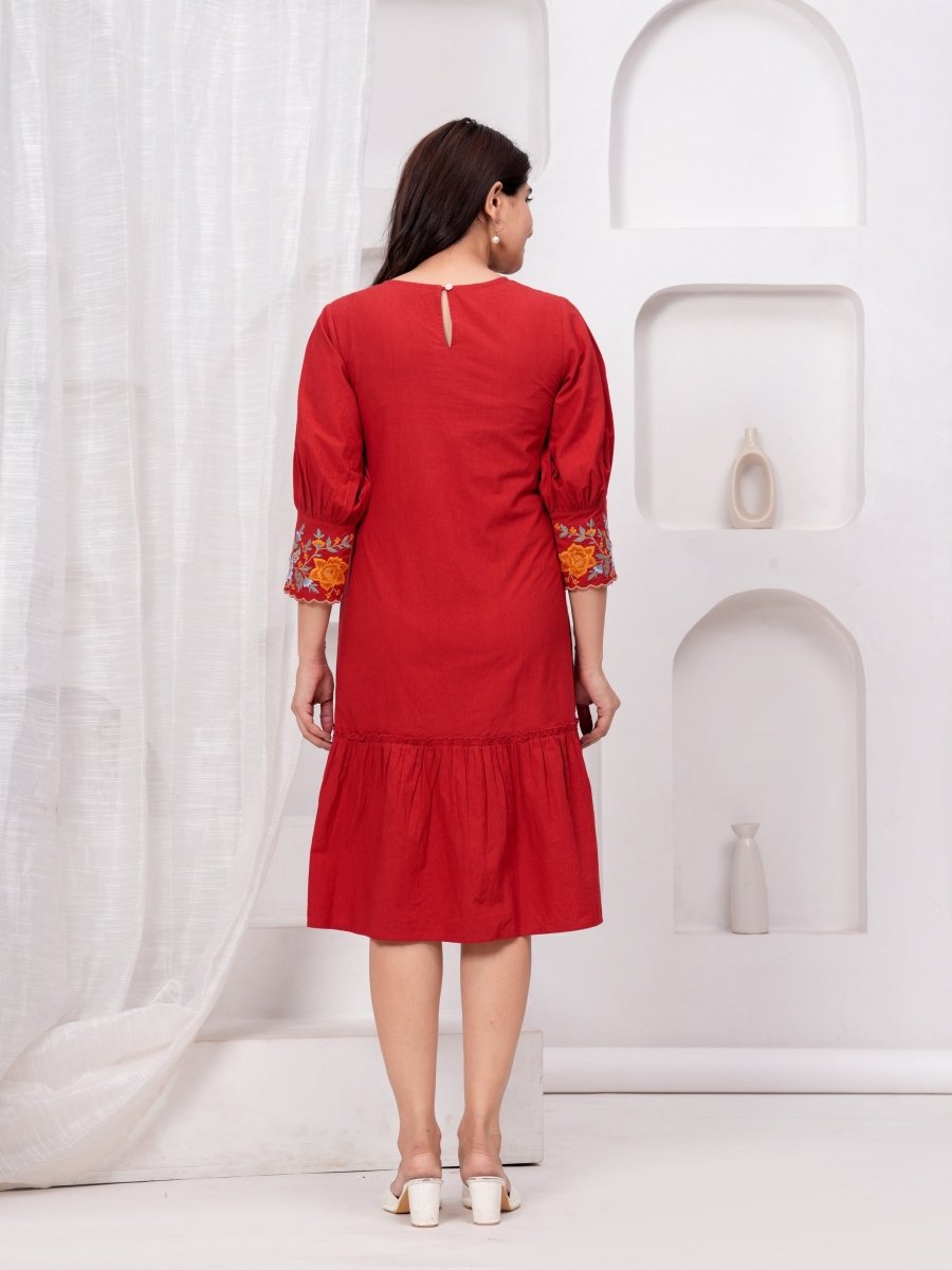 Embroidered Maroon Cotton Dress