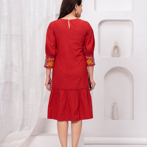 Embroidered Maroon Cotton Dress