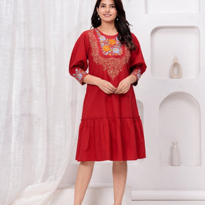 Embroidered Maroon Cotton Dress