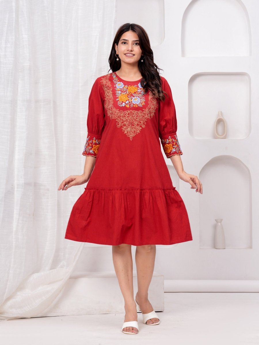 Embroidered Maroon Cotton Dress
