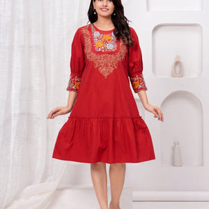 Embroidered Maroon Cotton Dress