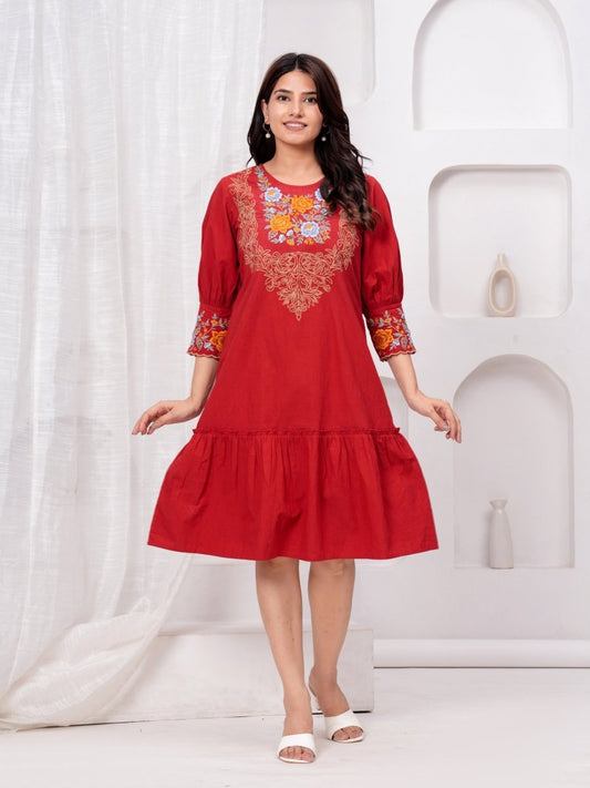 Embroidered Maroon Cotton Dress