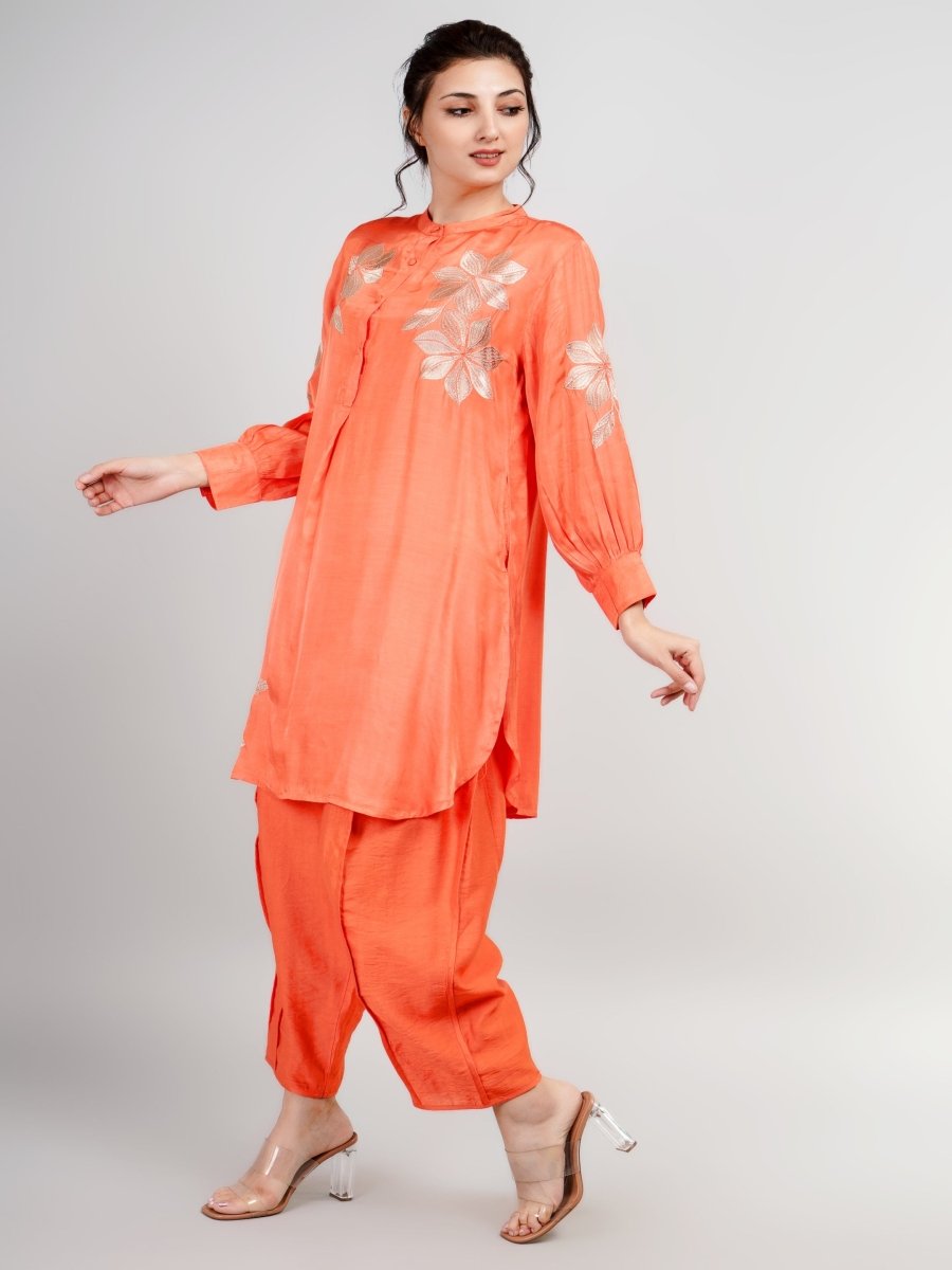 Embroidered Co-Ord Set for Women Online in India – Orange Silk Zari Work by Natica