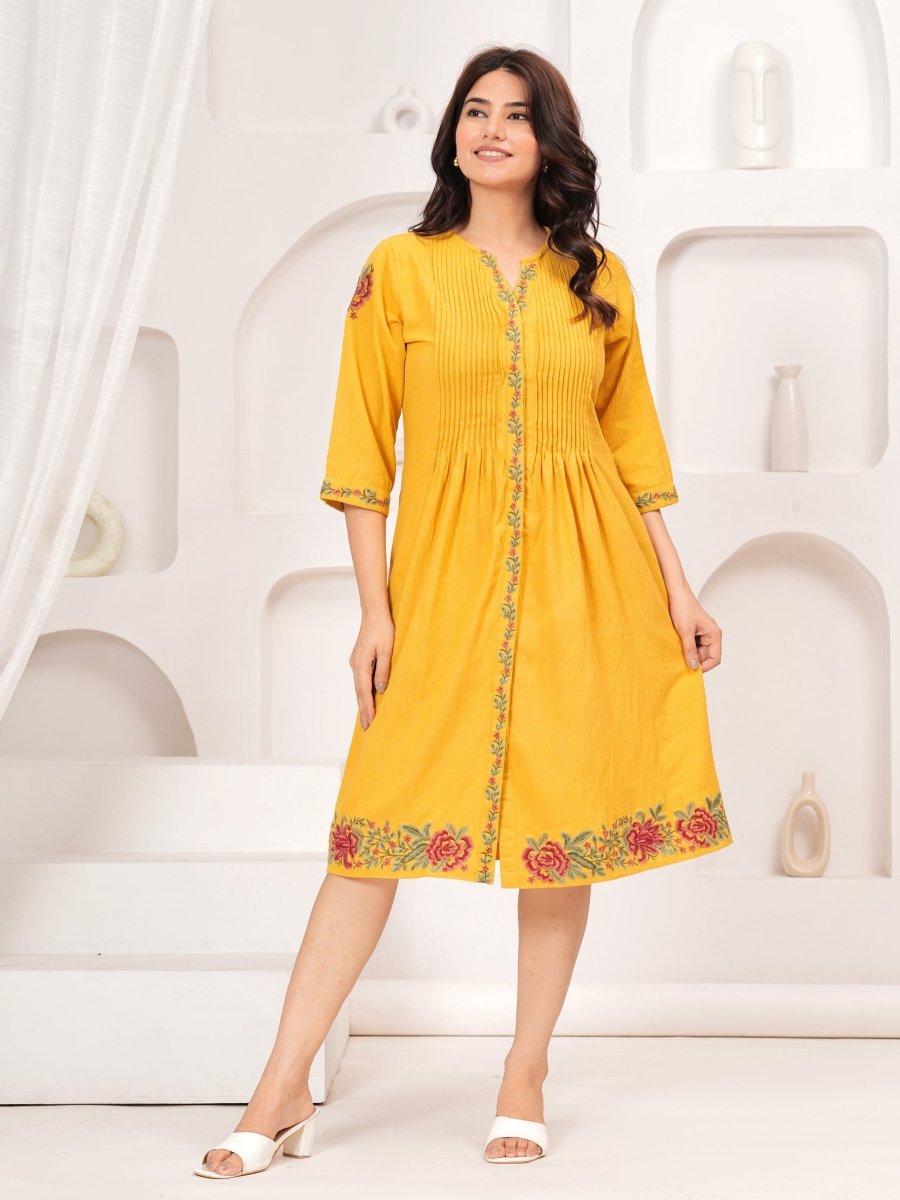 Embroidered yellow cotton dress for women  Online in India - Natica