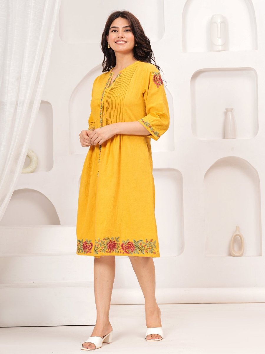 Yellow cotton embroidered dress – Buy Stylish Dresses for Women Online in India | Natica