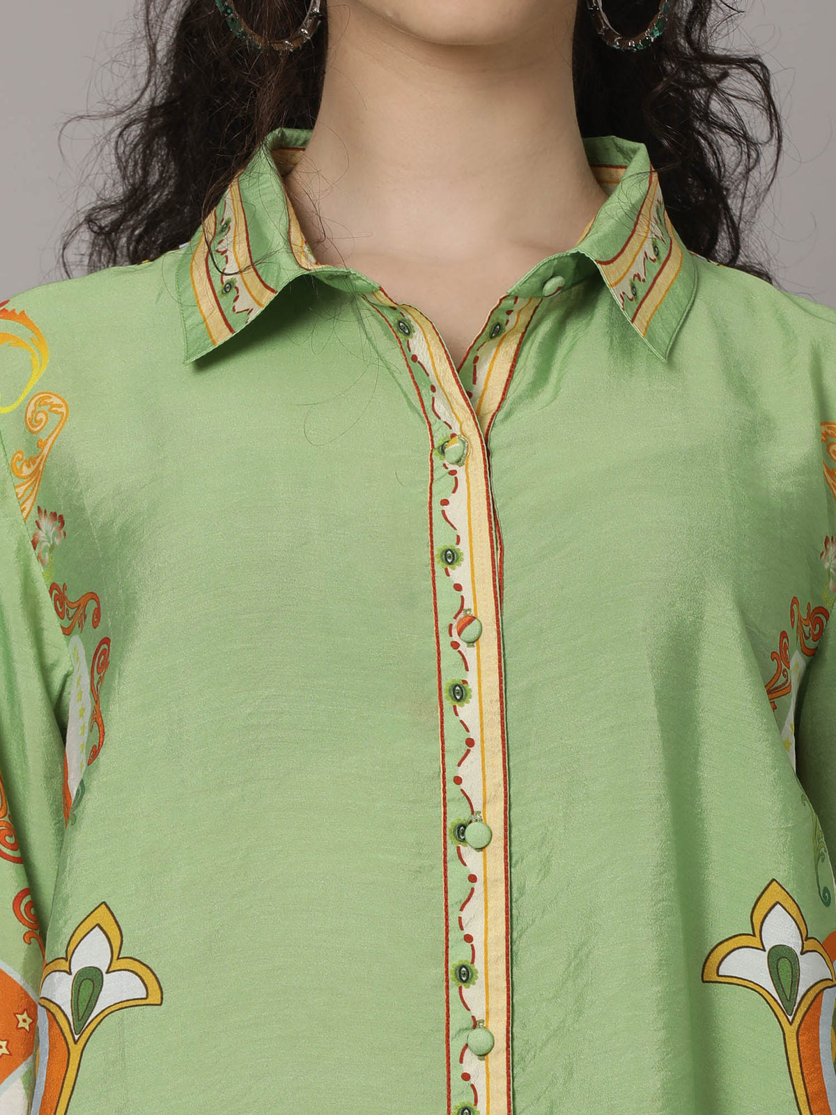 Elegant Green Silk Co-Ord Set with Floral Print