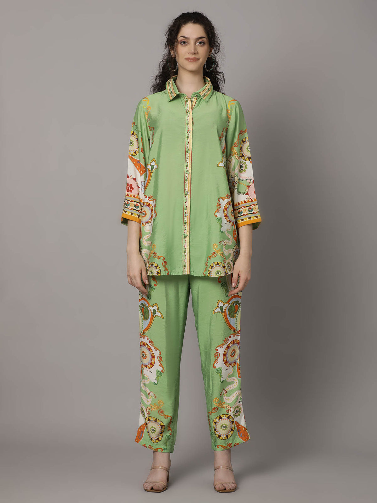 Elegant Green Silk Co-Ord Set with Floral Print