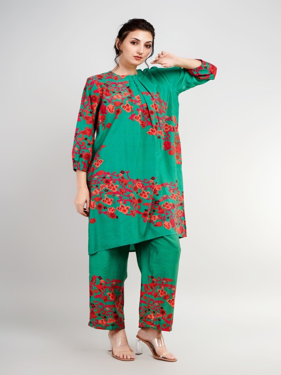 Green Silk Print Co-Ords Set