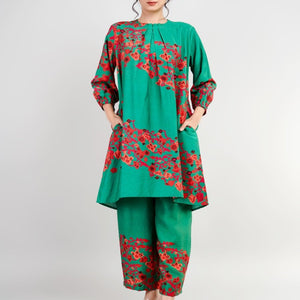 Green Silk Print Co-Ords Set