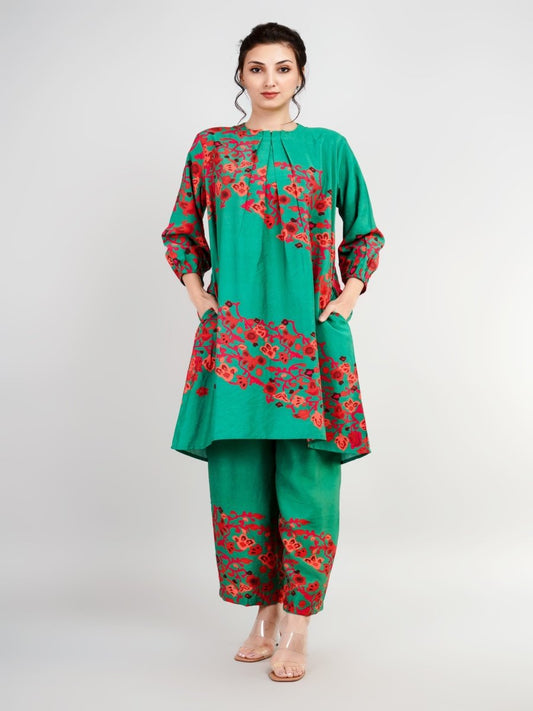 Green Silk Print Co-Ords Set