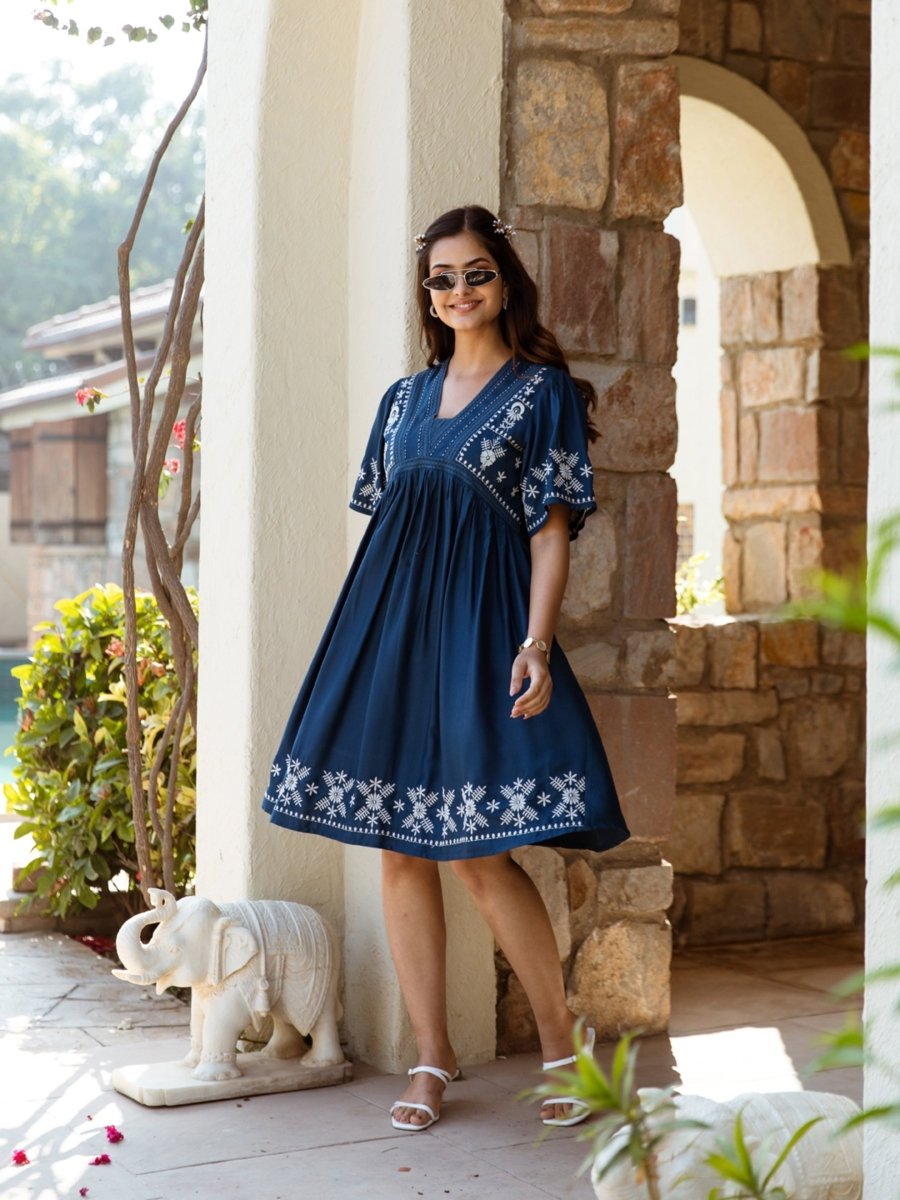 Blue Handcrafted cotton dress – Hand Embroidered Dress for Women Online at Natica