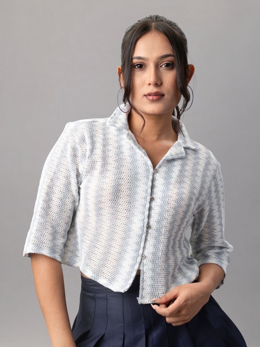 Icy Blue Knit Crop Shirt